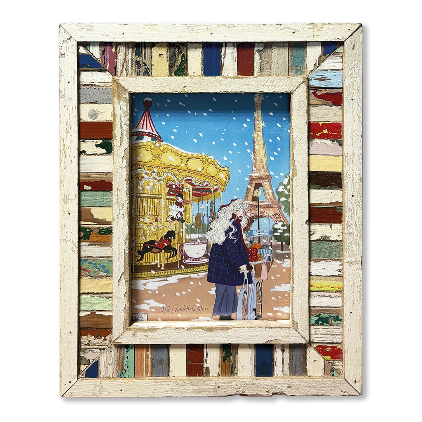 Cornice unica a mosaici con illustrazione di Parigi sotto la neve.